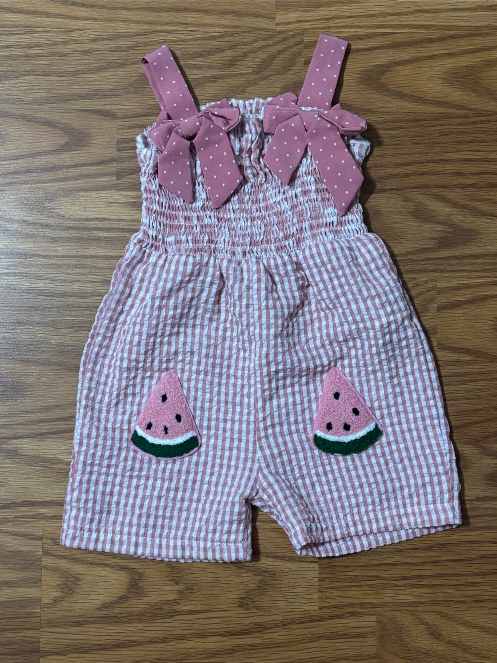 Girls Pink Seersucker Watermelon Embroidered Romper